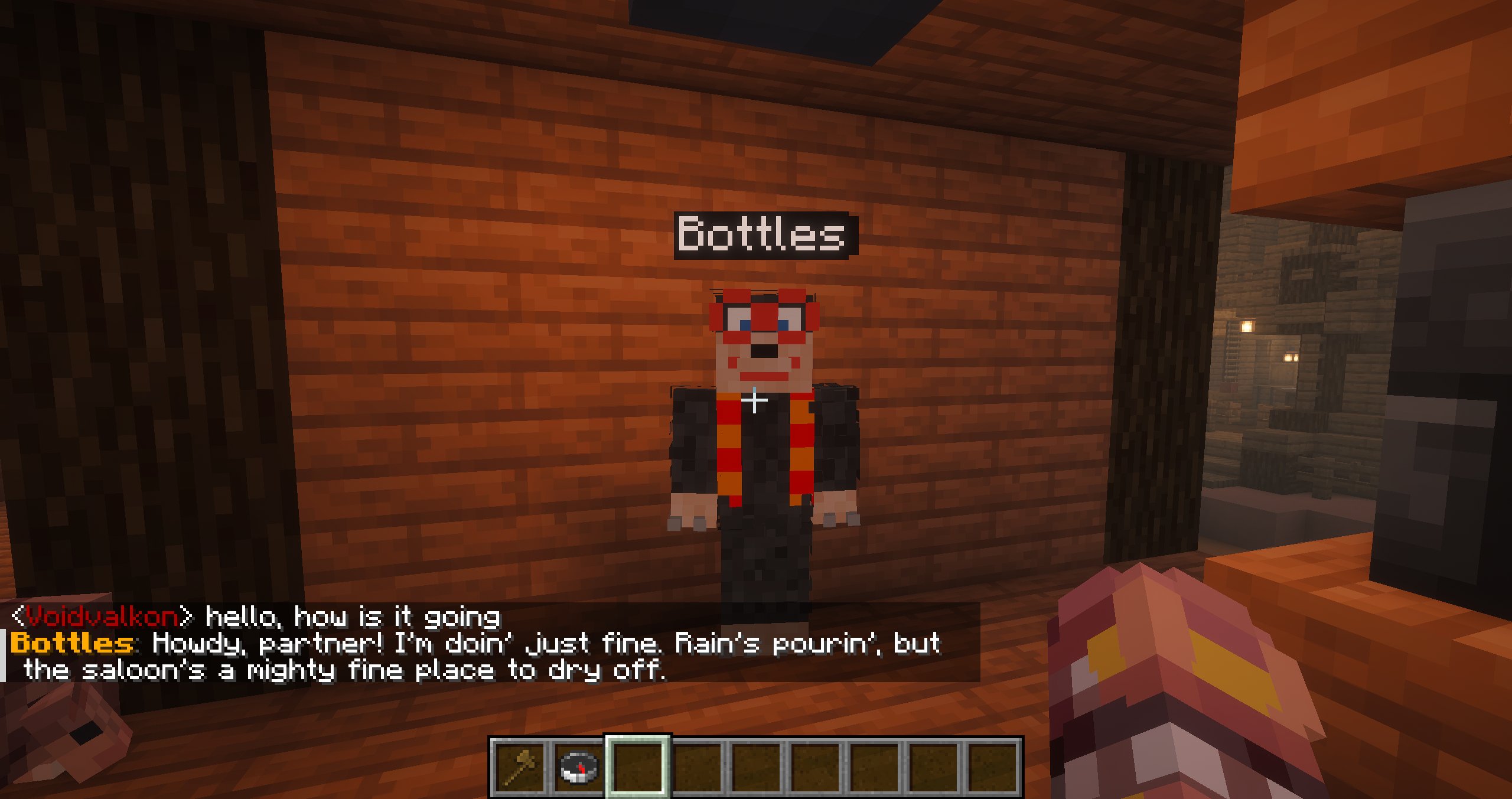 A Blockfolk NPC responding to nearby chat